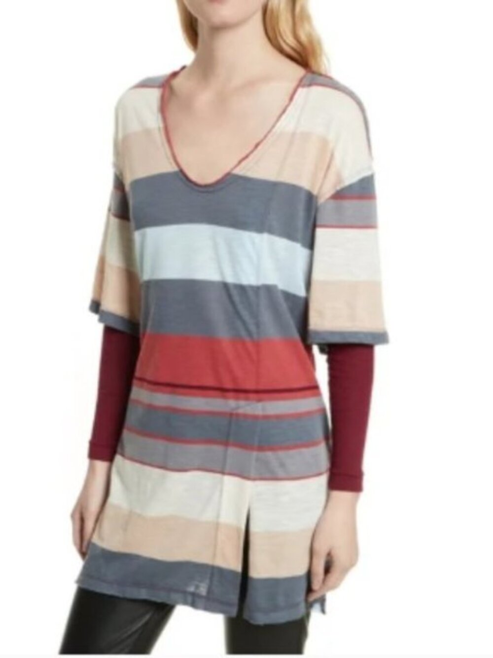 Free People's We The Free Kate Longline Striped V-neck Tunic in Slate Size XS